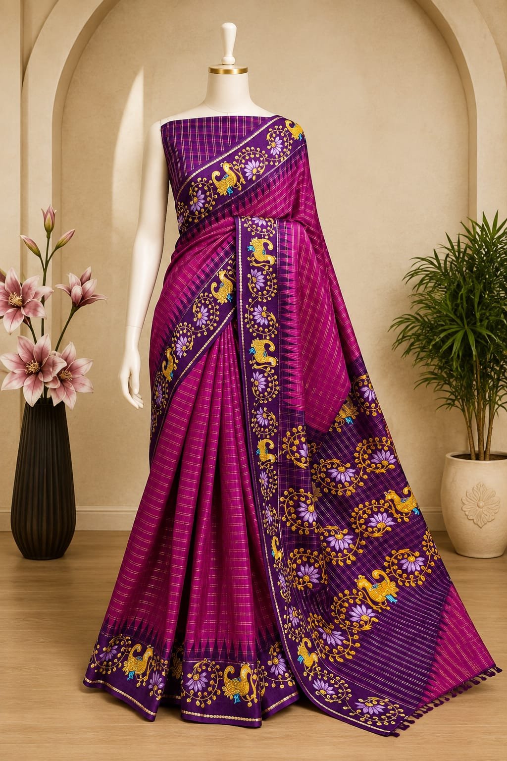 Magenta Digital Print Dola Silk Cotton Saree